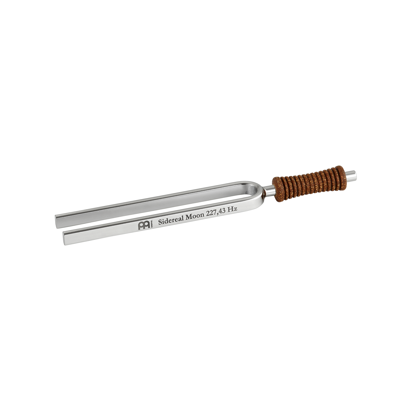 Single metal tuning fork with cork handle engraved Sidereal Moon 227.43 Hz shown on a white background. — for Carpe Diem Dream