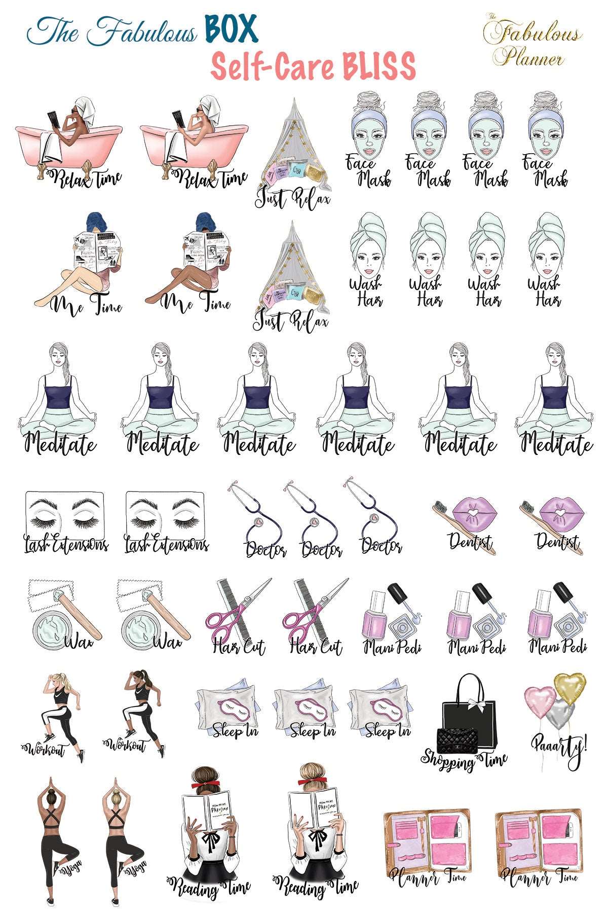 Single 4x6 inch self care planner sticker sheet featuring illustrated wellness icons including yoga poses, spa elements, and motivational text on a white background. — for Carpe Diem Dream