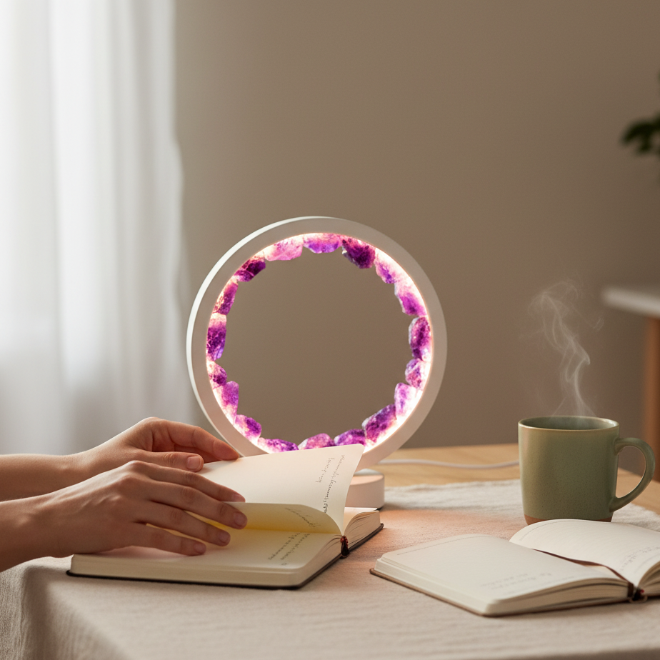 Amethyst halo lamp filled with natural crystals displayed upright on desk beside open books and steaming mug against soft neutral backdrop. — for Carpe Diem Dream