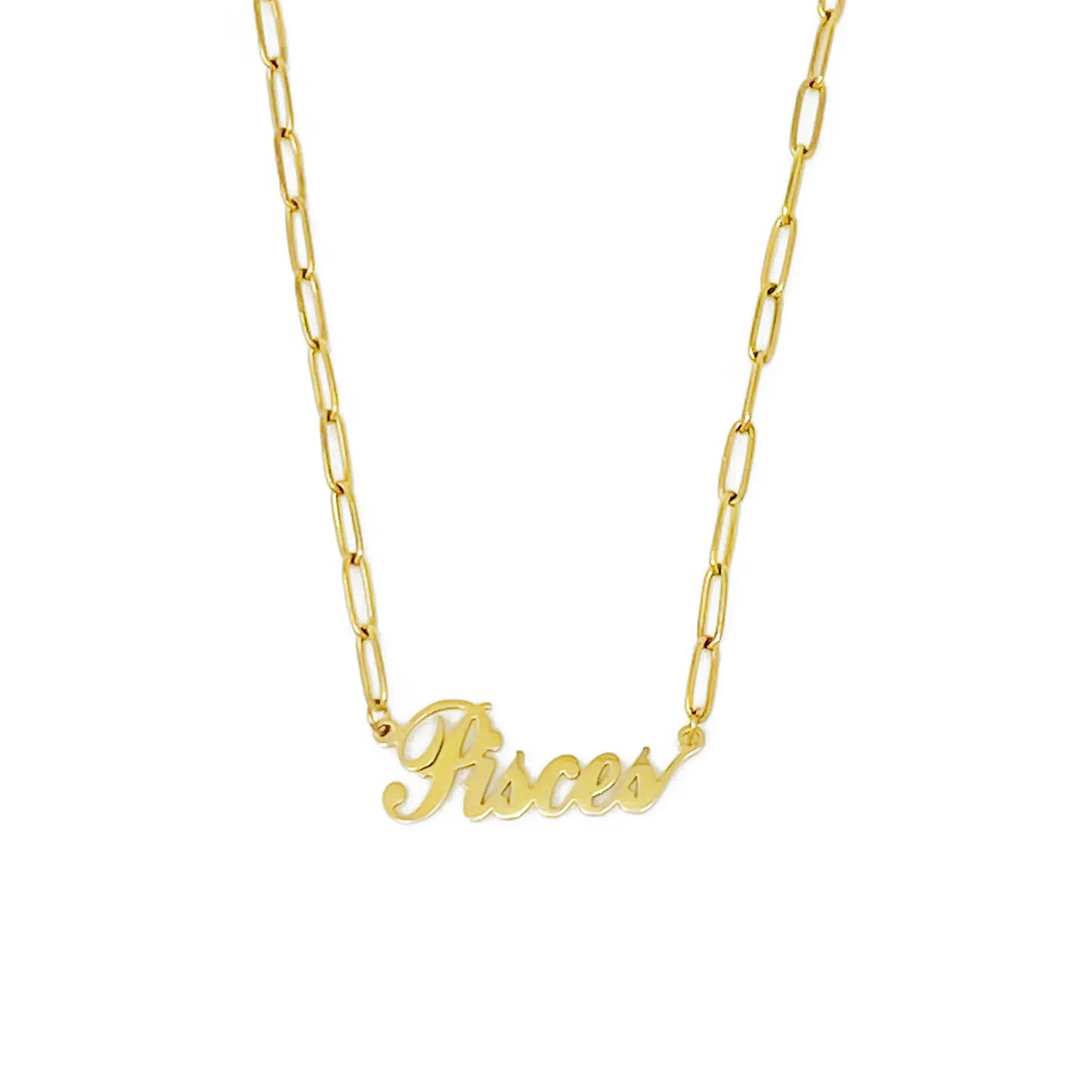 Gold Annie Zodiac Chain Necklace with scripted Pisces constellation pendant, displayed on white background