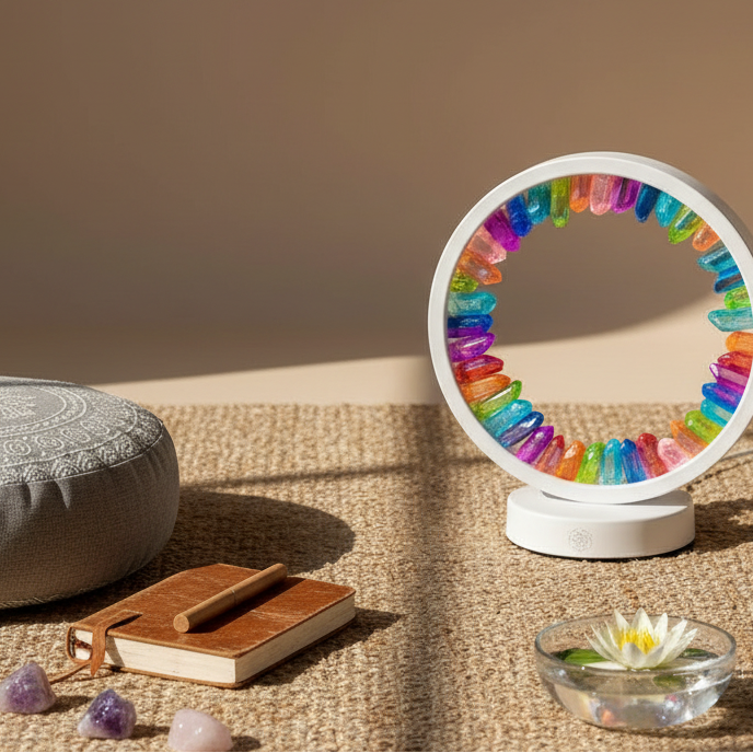 A circular halo lamp of rainbow-aura clear quartz points glowing on a woven mat beside a meditation cushion, a journal with a wooden chime, scattered crystals, and a floating lotus bowl. — for Carpe Diem Dream