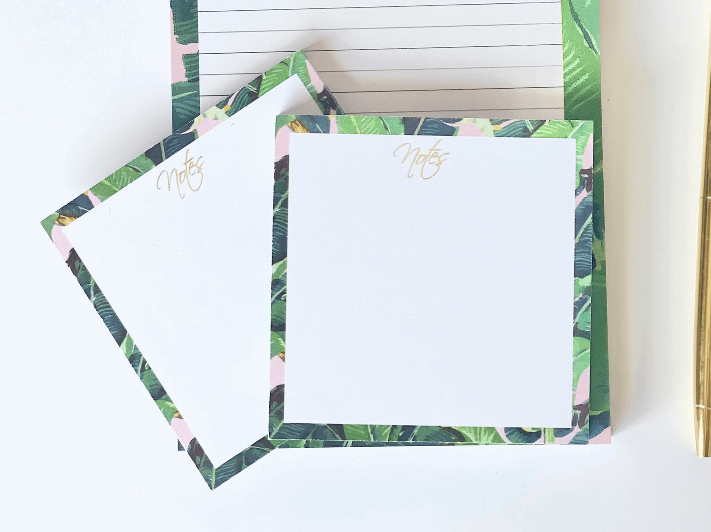 Close-up of banana leaf patterned sticky notes with adhesive backing visible. — for Carpe Diem Dream