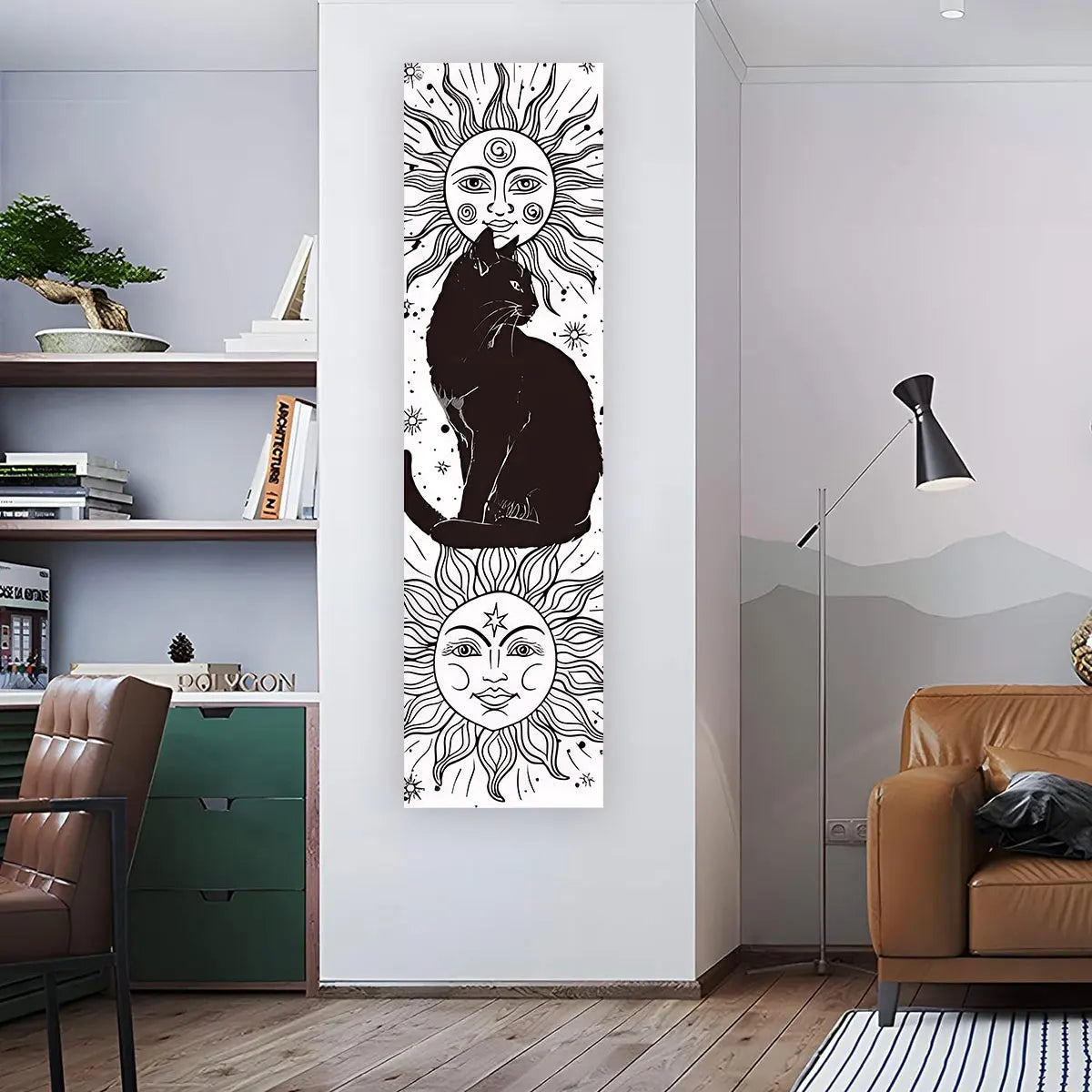 Black cat sun and moon banner tapestry displayed vertically on a living room wall beside a chair and shelving, showing full length and real placement in a modern interior space. — for Carpe Diem Dream