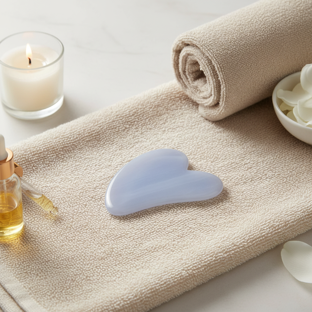 A blue chalcedony gua sha facial tool resting on folded towels beside a candle and skincare oil on a soft neutral surface in natural light. — for Carpe Diem Dream
