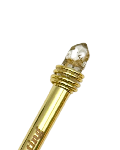 Gold metallic Busy Manifesting crystal mystic pen with clear faux crystal top on white background — for Carpe Diem Dream