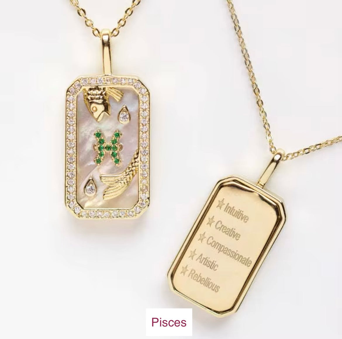 An 18K gold Pisces zodiac pendant necklace with constellation detailing and engraved affirmation text displayed on a white background. — for Carpe Diem Dream