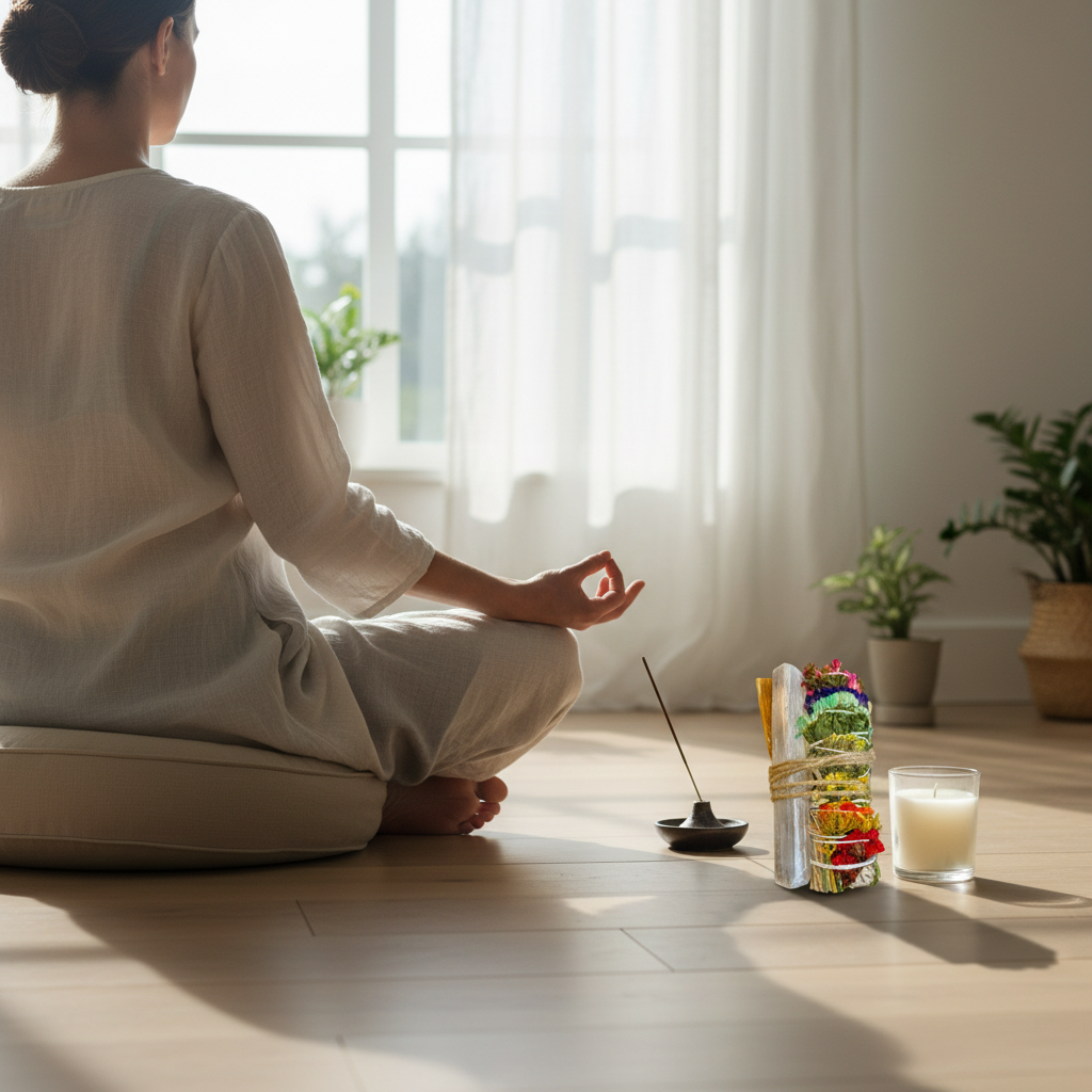 A chakra sage smudge bundle tied with twine placed beside a lit candle and incense holder near a person seated in meditation on a wooden floor. — for Carpe Diem Dream