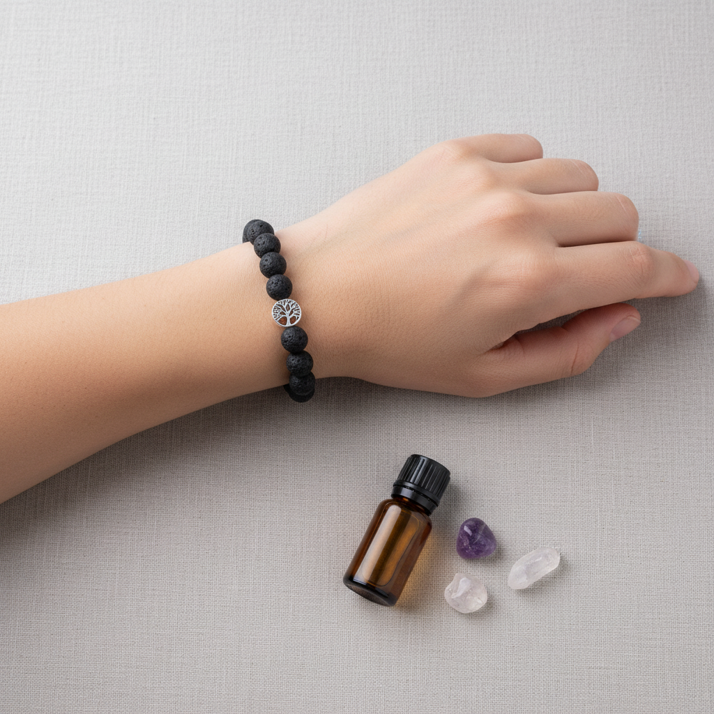 A black lava stone stretch bracelet with a silver Tree of Life charm worn on a wrist beside an amber essential oil bottle and small crystals on a textured linen background. — for Carpe Diem Dream