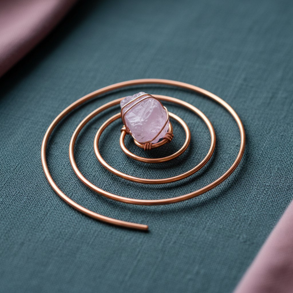 Rose quartz copper spiral crystal water charger displayed on deep teal textured linen with soft mauve fabric accents. — for Carpe Diem Dream