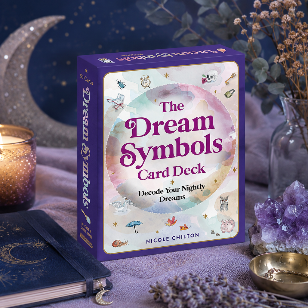 The Dream Symbols Card Deck in a cool-toned celestial setting with amethyst, candlelight, lavender, moon décor, and a journal — for Carpe Diem Dream.