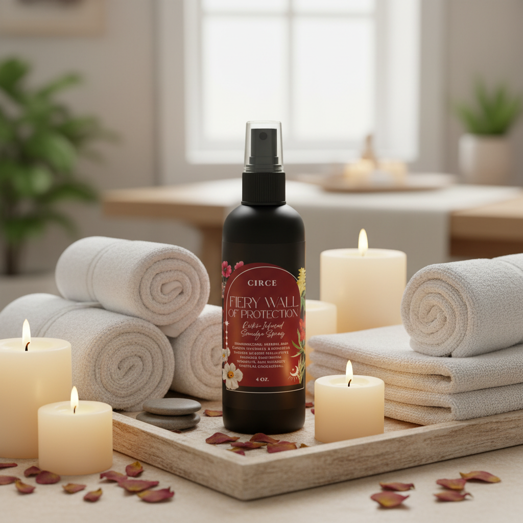 Fiery Wall of Protection Smudge Spray bottle displayed on a spa tray surrounded by candles and rolled towels in a calming wellness setting. — for Carpe Diem Dream