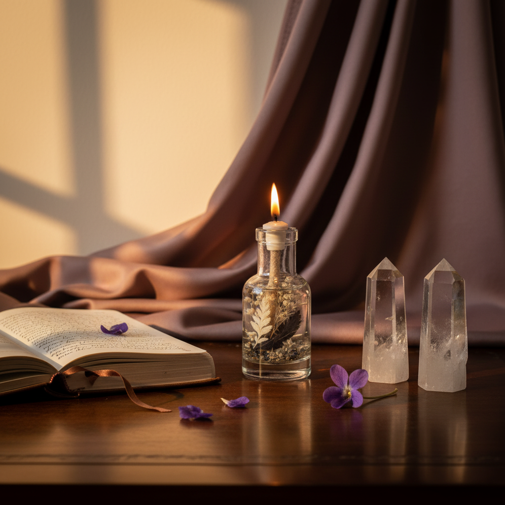 A Gemini zodiac oil candle in a clear glass vessel with embedded botanicals is styled on a wooden table beside an open book, crystal points, and scattered violet petals with soft draped fabric in warm natural light. — for Carpe Diem Dream