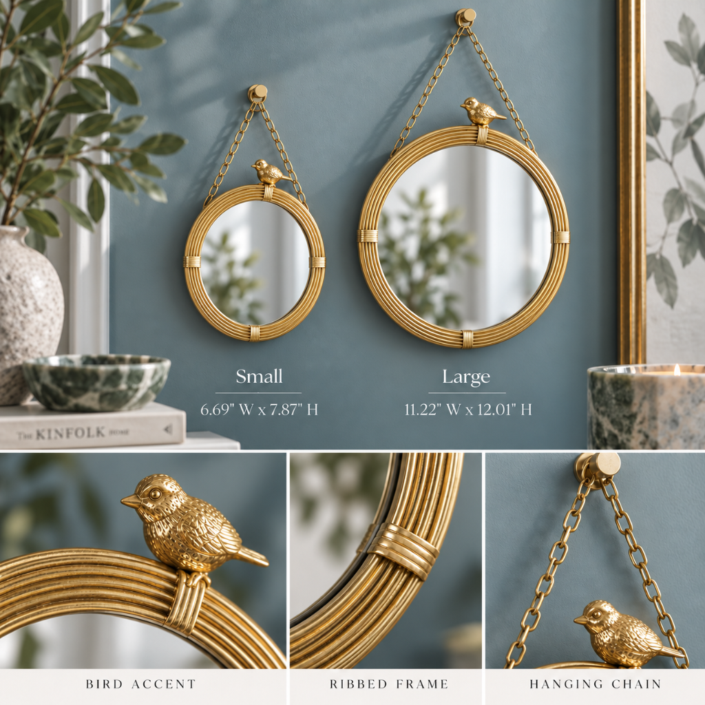 Small and large gold bird hanging wall mirrors displayed on a cool blue-gray wall, with size measurements and close-up details of the decorative bird, ribbed gold frame, and hanging chain.