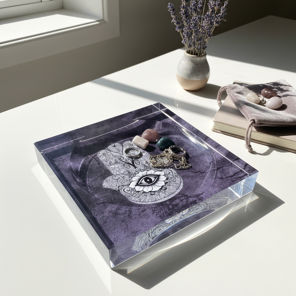 A square acrylic Hamsa catchall dish with a purple marbled design styled with crystals and jewelry on a sunlit surface beside a soft fabric pouch and vase in natural light. — for Carpe Diem Dream