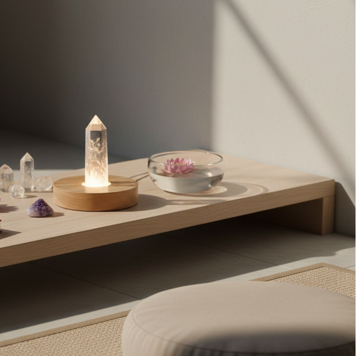 A clear quartz crystal lamp on a round wooden base resting on a low meditation table beside small crystal clusters and a lotus flower floating in a glass bowl, illuminated by warm morning light. — for Carpe Diem Dream