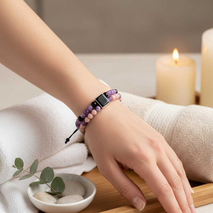 Feminine power healing bracelet in amethyst, pink opal, and onyx displayed on a wrist in a serene spa setting with a lit candle and soft diffused lighting — for Carpe Diem Dream