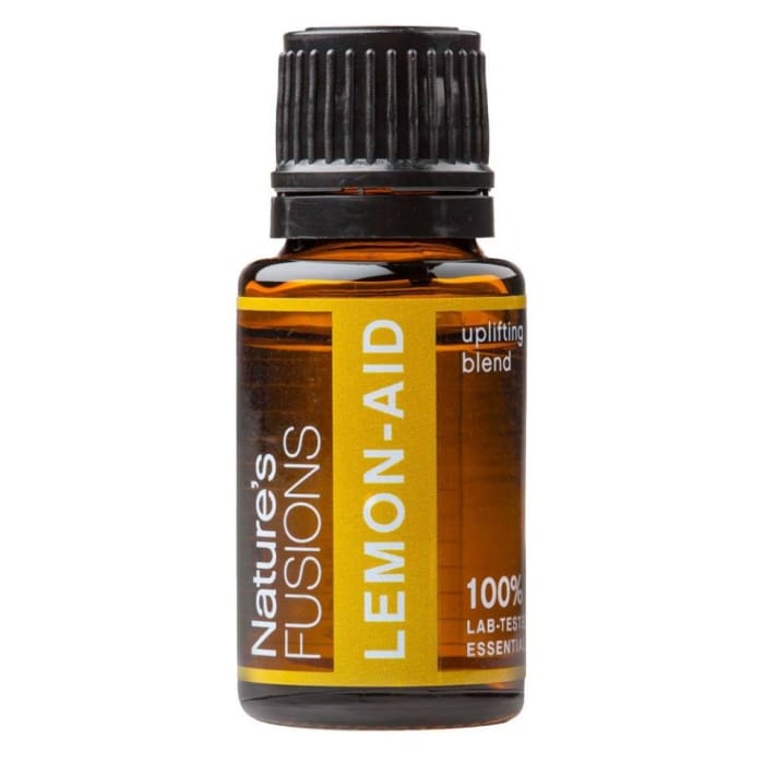 A 15ml amber glass bottle of Lemon-Aid Uplifting Citrus Blend essential oil with a black cap displayed on a plain white background. — for Carpe Diem Dream
