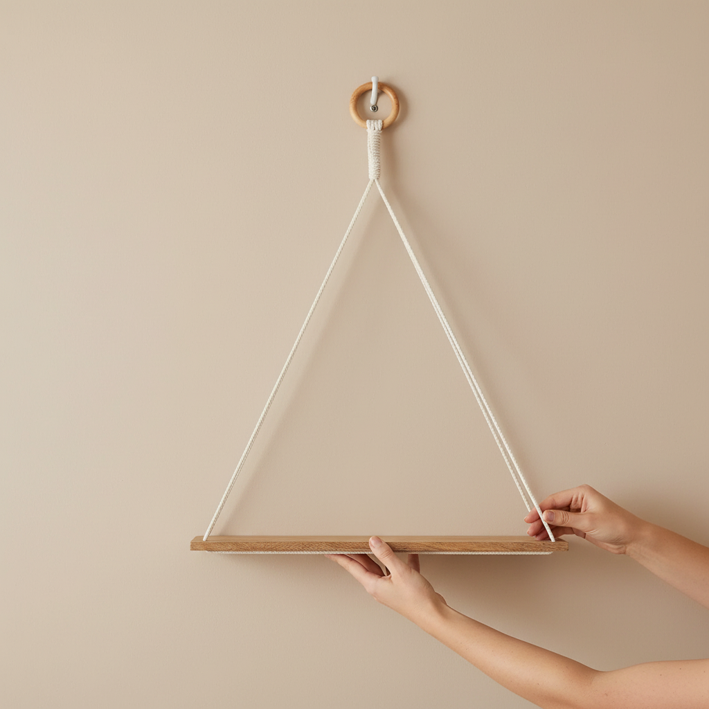 A macrame wall shelf with a wooden platform and cotton rope hanging design being adjusted by hands against a soft neutral wall. — for Carpe Diem Dream