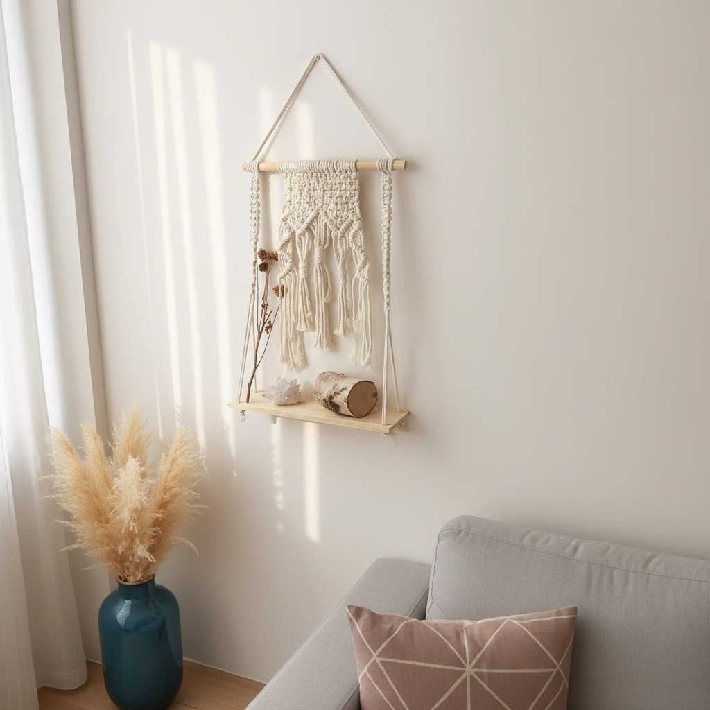 A macrame wall shelf with a wooden platform and woven cotton design styled in a softly lit living space with natural textures and calming decor elements. — for Carpe Diem Dream