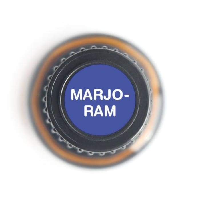 Top view of amber glass bottle cap labeled Marjoram on white background. — for Carpe Diem Dream