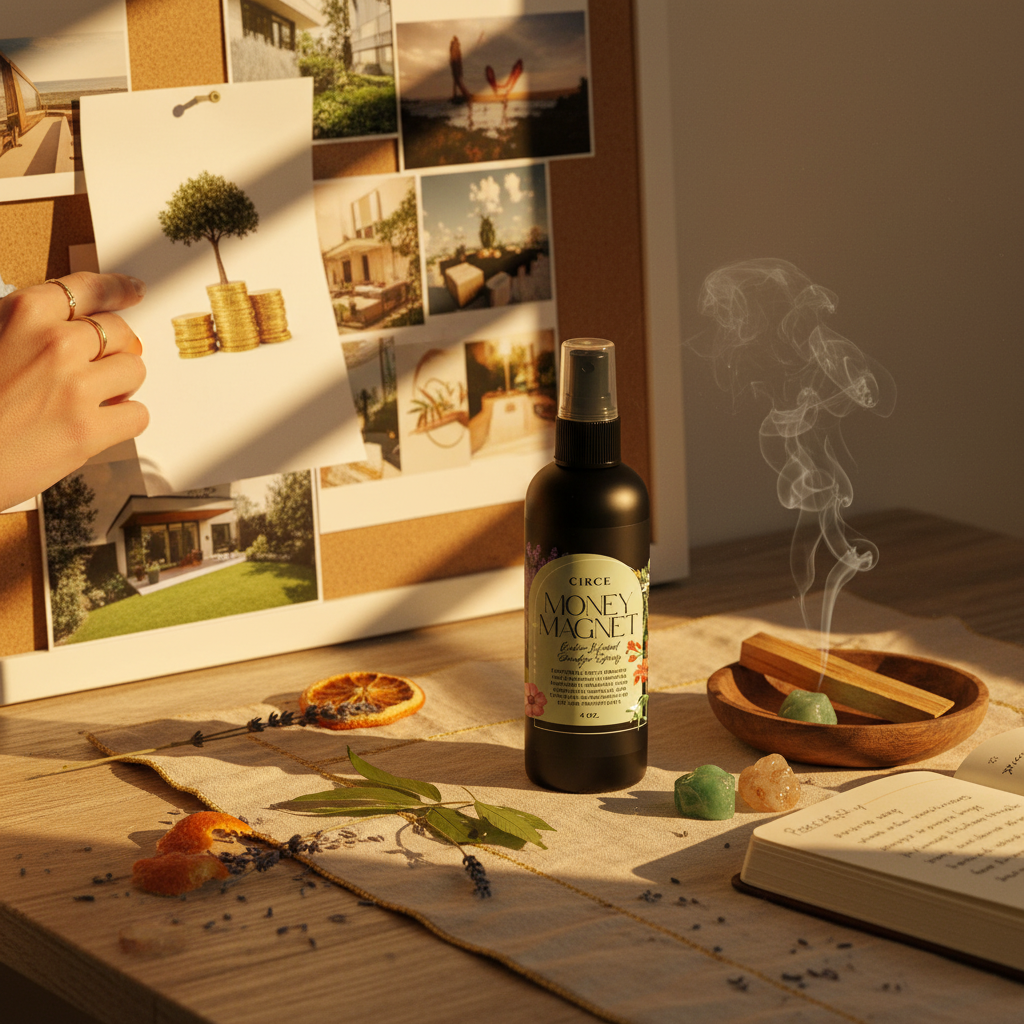 Money Magnet Smudge Spray bottle displayed on a desk beside a vision board with prosperity images, incense smoke, crystals, and a journal in a manifestation workspace. — for Carpe Diem Dream