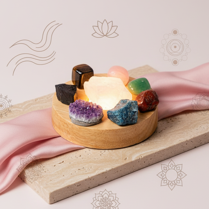 Raw crystal lamp displayed on stone slab with lavender sprigs and soft pink fabric in flatlay view. — for Carpe Diem Dream