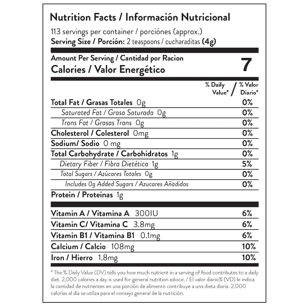 Organic Moringa Superfood Powder nutrition facts label with serving size, calories, vitamins, minerals, calcium, and iron details. — for Carpe Diem Dream