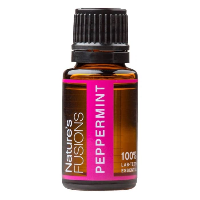 Amber glass bottle of Peppermint Essential Oil with black ribbed cap and bright pink label on white background. — for Carpe Diem Dream