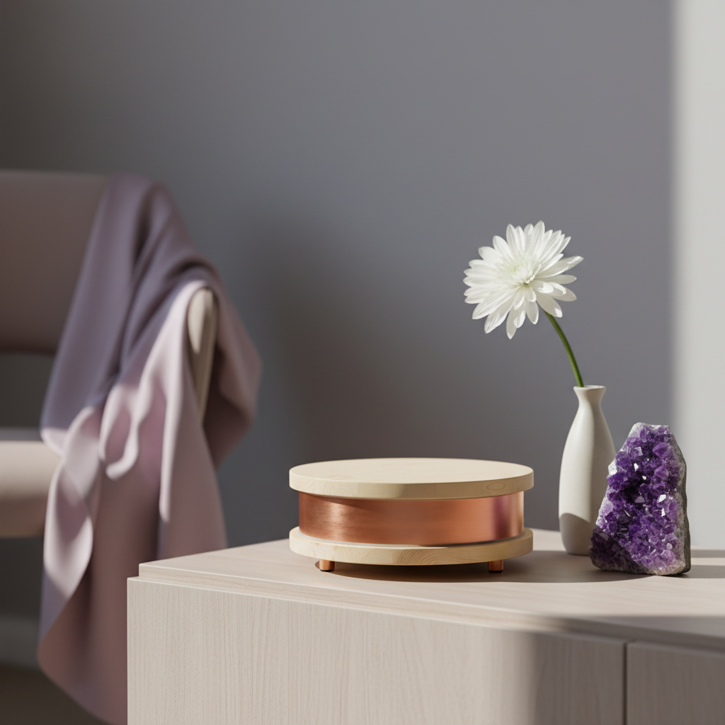 A Qi-Home Cell EMF protection device with copper body and light wood top and base styled on a light wood surface with a crystal, vase, and soft draped fabric in a calm editorial setting. — for Carpe Diem Dream