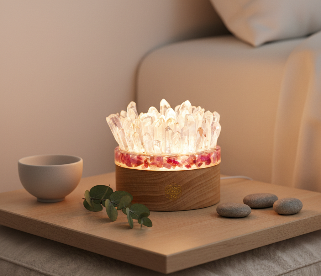 A quartz and pink tourmaline lamp glowing on a wooden meditation bench beside smooth stones, a small cup, and soft ambient light. — for Carpe Diem Dream