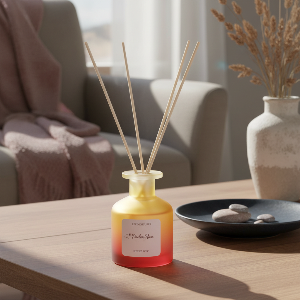 A frosted glass reed diffuser in a warm yellow to coral gradient bottle placed on a wooden table in a softly lit living room with a chair, throw blanket, and decorative bowl. — for Carpe Diem Dream