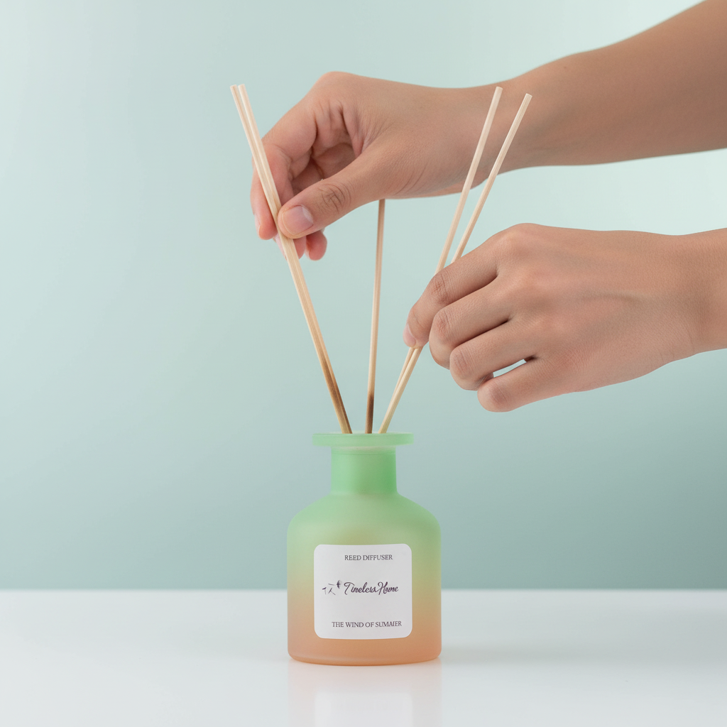 Hands placing natural reed sticks into a frosted glass diffuser bottle on a clean neutral surface. — for Carpe Diem Dream