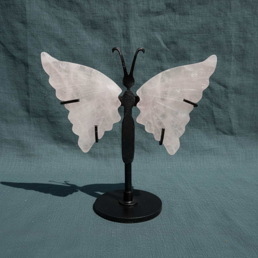 Rose quartz crystal butterfly wings mounted on a black stand against a textured teal fabric background, highlighting the soft pink stone variation. — for Carpe Diem Dream