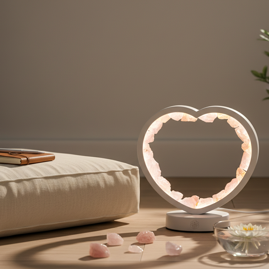 A heart-shaped rose quartz lamp glowing gently beside a meditation cushion with scattered rose quartz pieces and a floating lotus bowl in soft natural light. — for Carpe Diem Dream