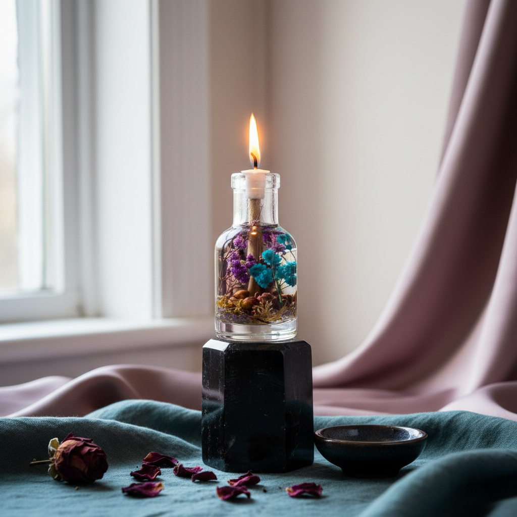 A Scorpio zodiac oil candle with deep-toned botanicals in a clear glass vessel is elevated on a dark pedestal with draped fabric, scattered petals, and a small bowl in a softly lit artistic setting. — for Carpe Diem Dream