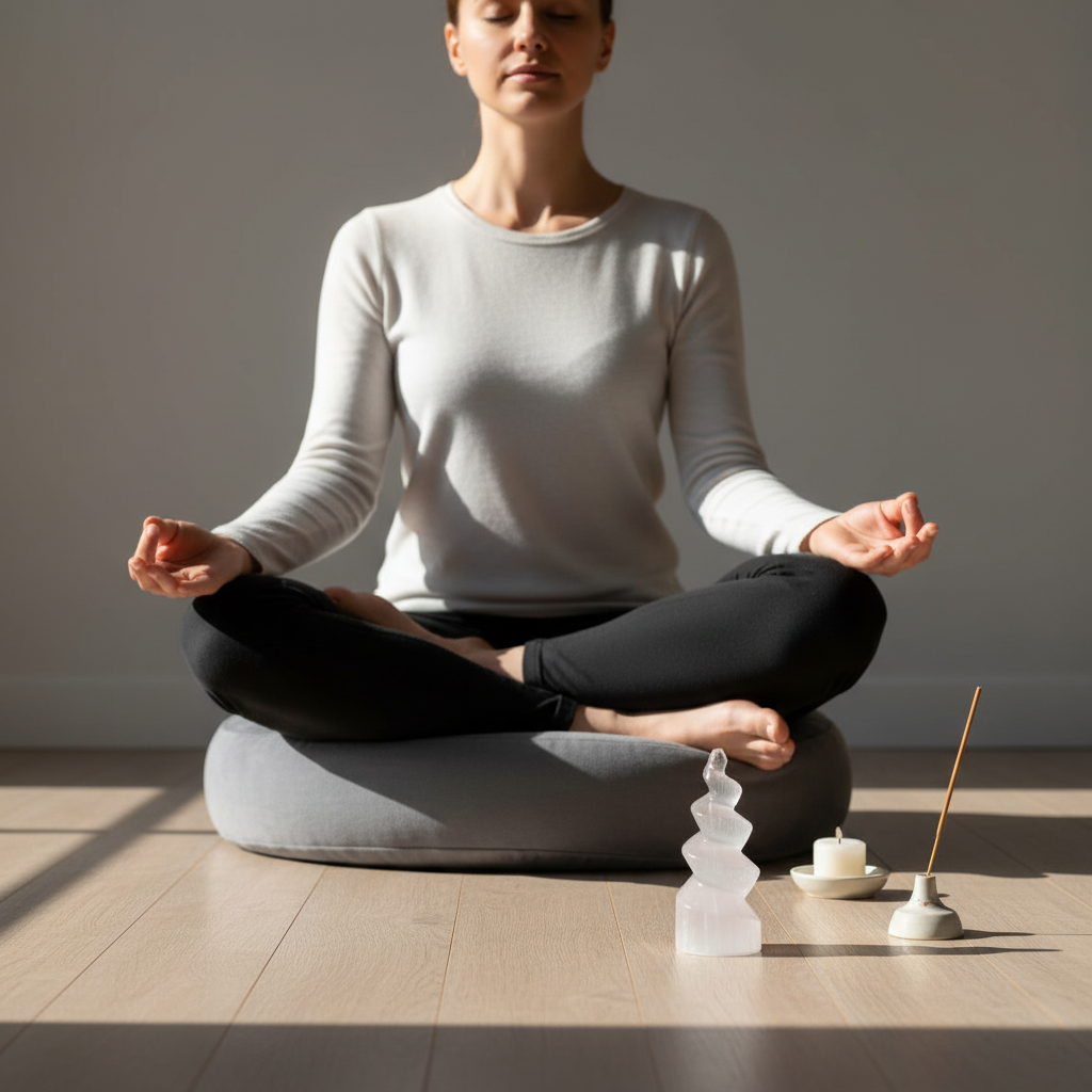 A carved selenite spiral tower placed beside incense and a candle in front of a person seated in meditation on a cushion in soft natural light. — for Carpe Diem Dream