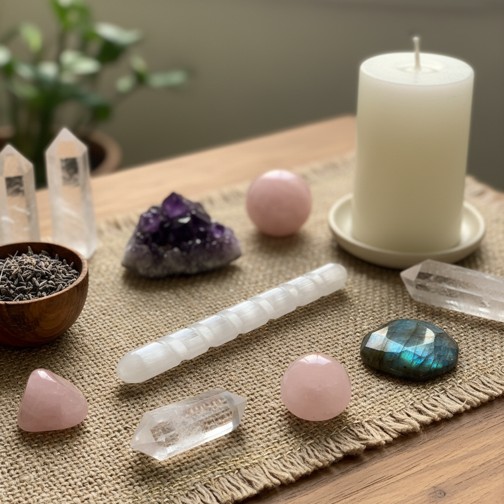 A translucent white selenite spiral wand displayed on a ritual altar mat surrounded by crystals, a lit candle, and sacred tools. — for Carpe Diem Dream