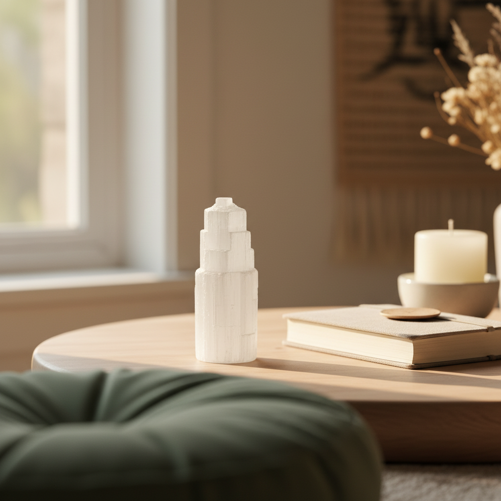 A translucent white selenite standing tower displayed on a wooden altar table beside stacked books, a candle, and soft natural light. — for Carpe Diem Dream
NEXT IMAGE