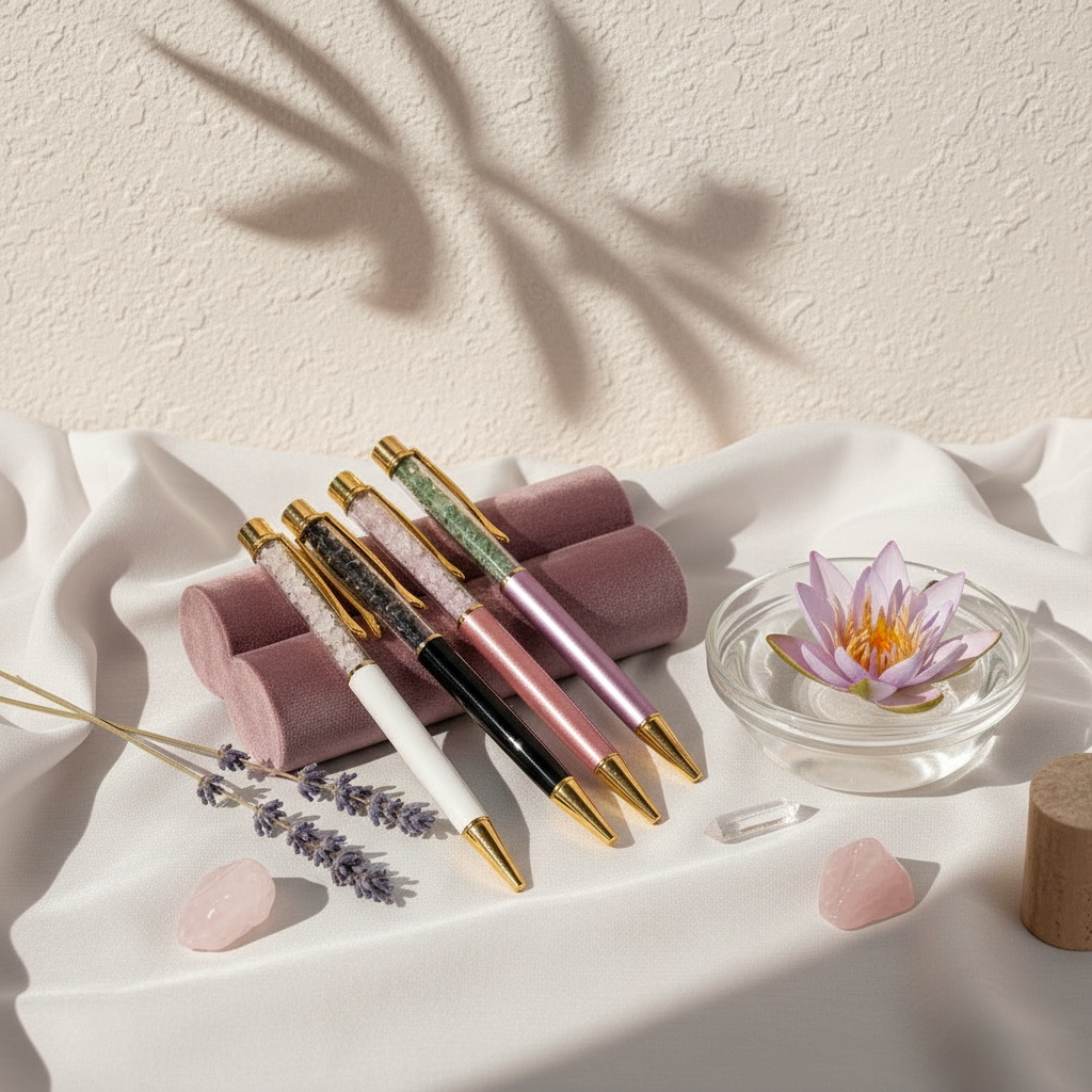 Self-cleansing crystal ballpoint pens arranged on softly draped fabric with crystals, dried botanicals, and a lotus candle in a serene studio botanical setting. — for Carpe Diem Dreamv