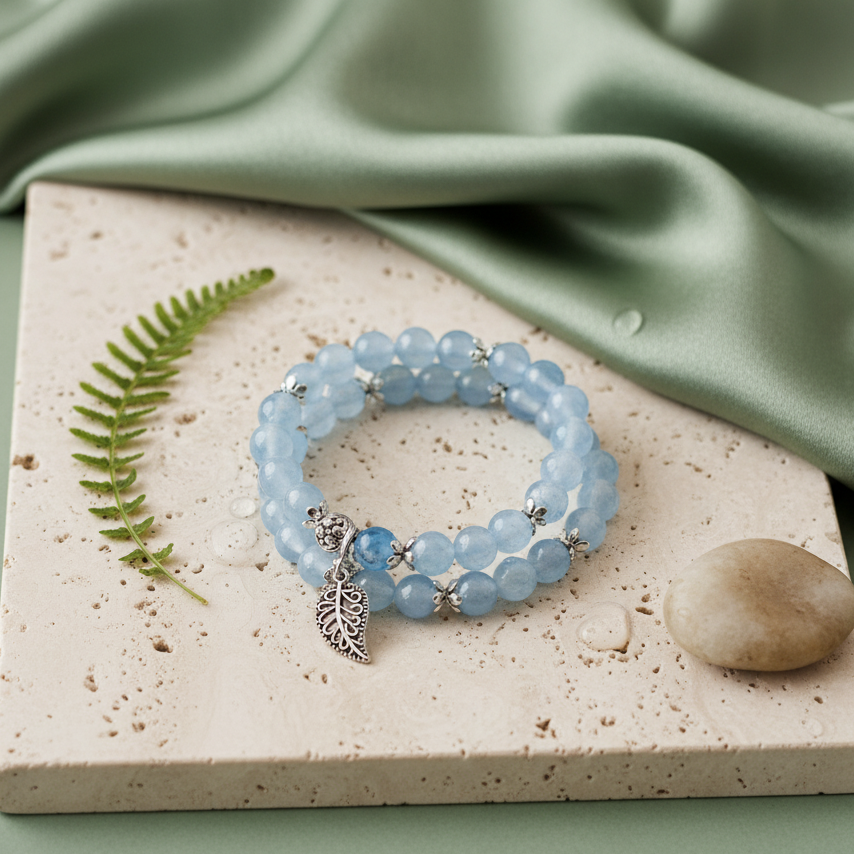Serenity Leaf Chalcedony gemstone bracelet displayed on travertine pedestal with fern sprig and smooth river stone beside soft sage fabric. — for Carpe Diem Dream