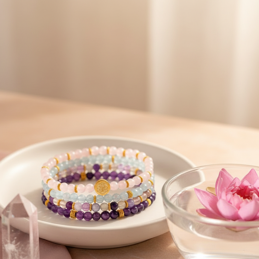 A stacked set of gemstone bracelets rests inside a shallow ceramic dish beside a glass bowl with a floating pink lotus on a blush surface in soft ambient light. — for Carpe Diem Dream
