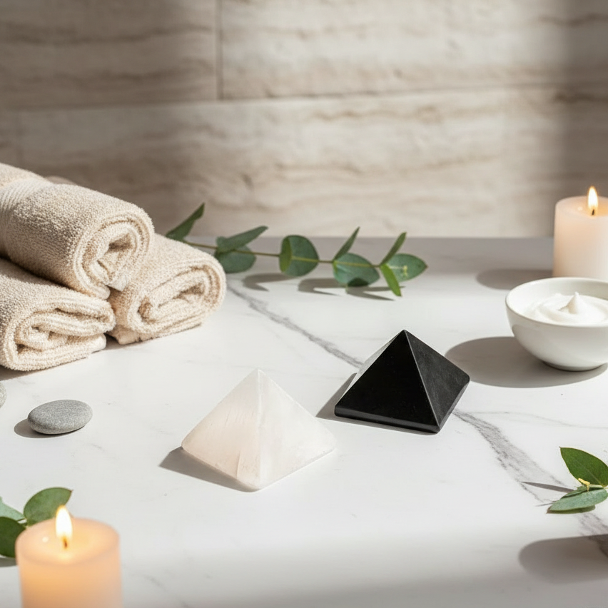 A white and black crystal pyramid displayed on a marble spa surface beside rolled towels, a lit candle, greenery, and a small bowl of cream in soft natural light. — for Carpe Diem Dream