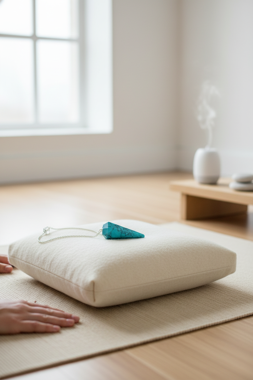 Turquoise crystal pendulum resting on a meditation cushion in a calm yoga space with natural sunlight and incense in the background – for Carpe Diem Dream.