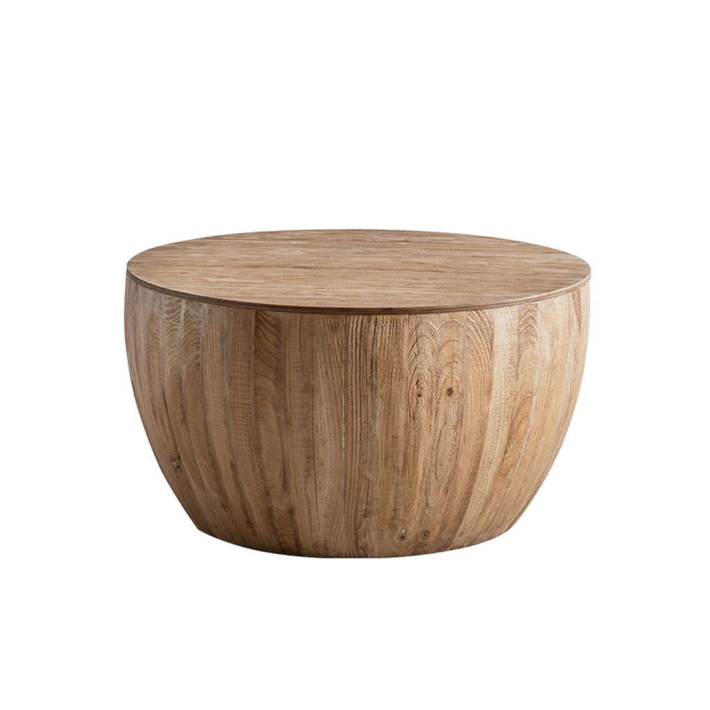 Large vintage barrel storage coffee table in natural fir wood, shown in the 31.5 inch wide by 17.72 inch high size with rounded wood grain design. — for Carpe Diem Dream