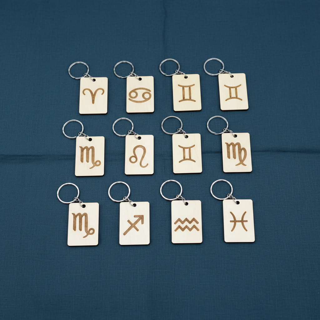 Wood Engraved Zodiac Keychains — All 12 , on textured linen dark teal background.