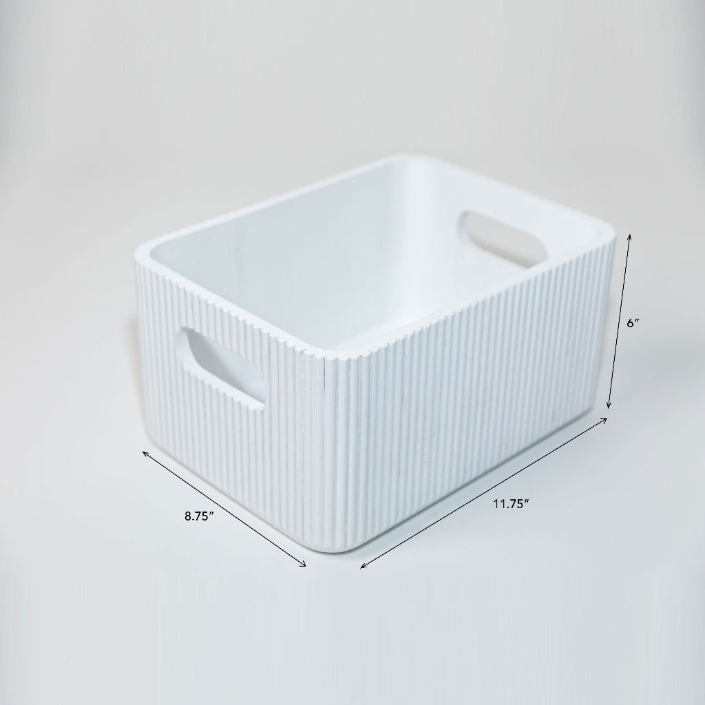 Small white wooden ribbed storage bin with cutout handles, rounded edges, fluted exterior, and dimensions shown. — for Carpe Diem Dream