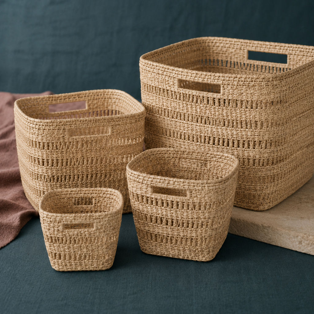 Woven Rattan Cube Storage Baskets in extra small, small, medium, and large sizes showing detailed natural rattan weave and handcrafted texture against a cool-toned dark teal backdrop. — Carpe Diem Dream