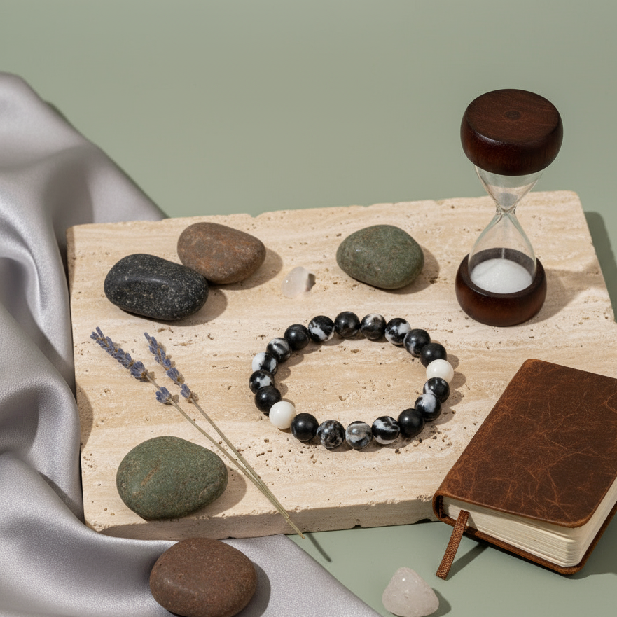 Zebra Jasper beaded bracelet displayed on travertine pedestal with smooth stones, hourglass, and journal against soft green backdrop. — for Carpe Diem Dream
