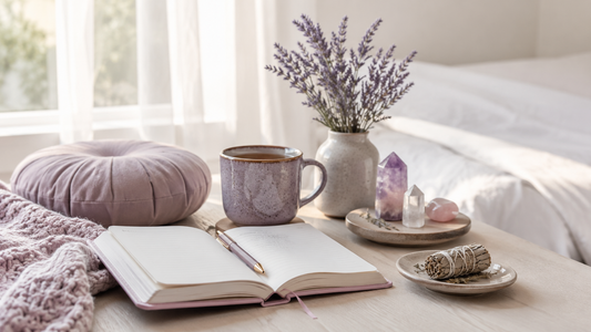 Open journal, tea, lavender, crystals, and a smudge bundle arranged in a bright, peaceful morning setting. — for Carpe Diem Dream