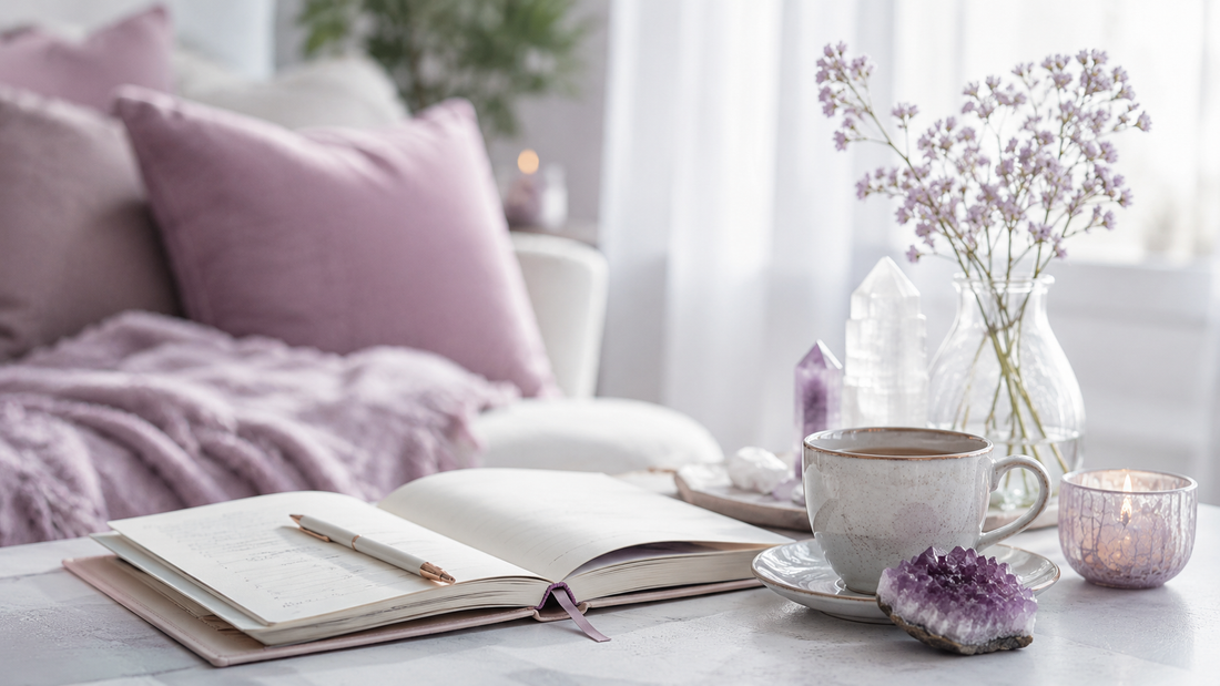 Open journal, tea, amethyst, candlelight, and soft mauve accents arranged in a serene reflective space. — for Carpe Diem Dream